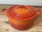 Vintage France 1960S Le Creuset 1.5QT Cast Iron Dutch Oven Flame Orange Red Used. Price: $94.95.