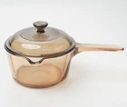 Vintage Corning France Amber Glass #1653 1QT Saucepan With Pyrex Lid V1C Used. Price: $26.00.