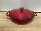 Lodge 3.6 Quart Cast Iron Casserole Pan. Red Enamel Dish Used. Price: $62.96.