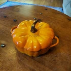 Staub Cast Iron Pumpkin Cocotte Dutch Oven 3.5QT Orange Black Interior France Used. Price: $299.99.