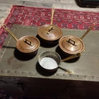 Vintage Copper Saucepan Set 7PC Tin Lined Brass Handles French Country Cookware Used. Price: $145.00.