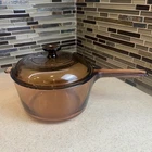 Vintage Vision Corning Amber Glass Saucepan 2.5L With Pyrex Lid V-25-C Usa Used. Price: $35.99.