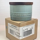 Le Creuset Sea Salt Signature Cellar 7OZ Stoneware Container Wooden Lid Nib. Price: $47.99.