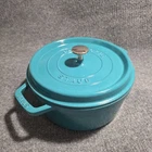 Staub 4-QT Cast Iron Round Dutch Oven Cocotte Turquoise Blue Made In France Used. Price: $143.99.
