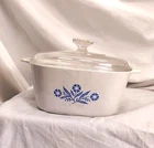 Coringware Pyrex White With Blue Cornflower, Casserole Dish, Lid, 7"X7"X4" Used. Price: $38.64.
