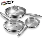 Tri-ply Stainless Steel Frying Pans Set With Lid, Ewfen 8+10+12 Inch, Silver New. Price: $132.59.
