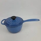 Le Creuset Size 16 Blue Enamel Cast Iron Saucepan And Lid 1.5 Qt Used. Price: $84.00.