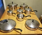 15 Piece Set Vtg Farberware Aluminum Clad Stainless 12" & 10" Skillets W/lids Used. Price: $179.99.