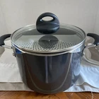 Tramontina Pasta Pot 6 Quart Lock & Drain Charcoal Gray 3 Pieces Glass Lid Used. Price: $49.99.
