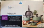 Mainstays 7 Piece Non-stick Cookware Set Aluminum Black/green Sage W/ Lids New. Price: $19.99.