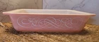 Vintage Pyrex Pink Scroll 575 Space Saver Baking Dish, 2 Qt, Used. Price: $75.00.