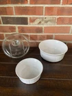 Corningware French White Casserole Dish F-5-B W/ Pyrex G-5-C Lid & Mini F-16-B Used. Price: $19.99.