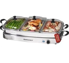 Elite Gourmet 7.5-QT Triple Buffet Server And Warming Tray, Stainless Steel Open. Price: $50.00.
