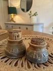 Set Of 2 Stoneware Spice Jars With Cork Lid Parsley (spelled Wrong )& Oregano Used. Price: $32.00.