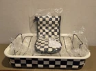 Mackenzie-childs Courtly Check 21"X 14" Enamel Roasting Pan/ Rack & Xl Oven Mitt Used. Price: $150.00.