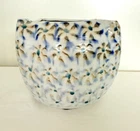 Signed Anna Stiles White Blue Khaki Abstract Flowers Pinched Corners Ceramic Pot Used. Price: $49.99.
