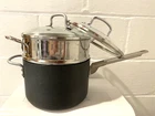 Calphalon Stock Pot 4 1/2 Qt W/(2) Glass Lids #870 Hard Anodized & Strainer Usa Used. Price: $50.00.