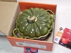 Le Creuset Olive Pumpkin Cast Iron With Gold Finnial Qt 24CM Dutch Oven Nib New. Price: $495.00.