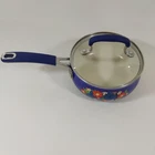 The Pioneer Woman Dazzling Dahlias Blue 1 Quart Saucepan With Tempered Glass Lid Used. Price: $19.99.