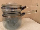 Vintage Pyrex Flameware Blue Glass Double Boiler Pots 6763-U 6763-L Fin Lid Used. Price: $49.00.
