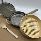 Our Place Always Pan Ceramic Non-stick Spruce Steamer, Strainer, Spoon Set Spice Used. Price: $59.95.