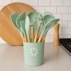 12 Pcs Silicone Kitchenware Utensil Set With Wooden Handle & Holder Green New. Price: $29.99.