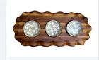 Mackenzie Childs Serving Board Acacia Wood W/ 3 Sterling Check Dipping Bowls Used. Price: $285.00.