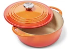 Le Creuset Cast Iron 2.75 Quart Shallow Round Dutch Oven, Flame - New Open Box. Price: $215.00.