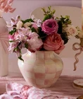 Mackenzie Childs Rosy Check Vase Hand Painted Stainless Steel 4.75" 8 Oz. New. Price: $89.00.