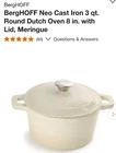 Berghoff Neo Enameled Cast Iron 3QT. Round Dutch Oven, Matching Lid, Oven... New. Price: $47.99.
