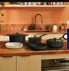 Our Place 8-PIECE Essentials Healthy Ceramic Nonstick Cookware Set Black New. Price: $125.00.