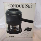 Roshco Fondue Set Black Porcelain Enamel Steel Pot W/14 Forks Open Box Nib. Price: $29.99.