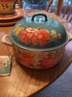 The Pioneer Woman 4 Quart Enamel Dutch Oven Floral Teal Lid White Body Handles New. Price: $34.99.