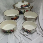 6PC Set Vegetables Enameled Metal Pots With Lid Brass Handles. Lincoware? Used. Price: $35.00.