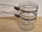 Vtg. Pyrex Glass Flameware Double Boiler W/ Lid 1.5 Qt. 6763 Used. Price: $42.00.