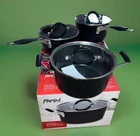 6 Piece- Parini Cookware Set With 5 Qt. Stackable Stock Pot All Have Glass Lids New. Price: $29.99.