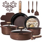 Ceramic Cookware Set 19 Pcs Non Stick Detachable Handle Brown Carote Pots Pans New. Price: $179.99.