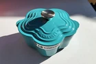 Le Creuset Cast Iron Flower Cocotte - Turquoise 2.25 Qt Nib New. Price: $309.00.