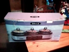 Bella Triple Slow Cooker Buffet Server 3 X 1.5 Quart Pots Stainless Steel Black Open. Price: $60.00.
