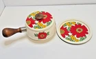 Vintage White Enameled Lidded Pot W/floral Designs And Plate Used. Price: $29.99.