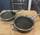 4 Pc Calphalon Premier Nonstick 10 Frying Pans W Flat Glass Lids Hard Anodized Used. Price: $63.00.