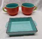 Chantal Turquoise Ceramic Baking Dish & Gibson Oversized Colorful Mugs 20 Oz+ Used. Price: $21.00.