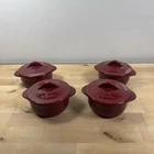 Calphalon Enamel Cast Iron Red Cabernet Set Of 4 Mini Soup Pots + Lids 10OZ Used. Price: $50.00.