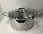 Emeril 6 Quart Stainless Steel Copper Core Stock Pot W/glass Lid Double Handles Used. Price: $79.99.