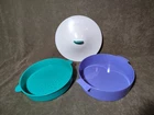 Tupperware #3066 Microsteamer Blue Dish #3067 Green Colander #3065 White Cover Used. Price: $12.50.