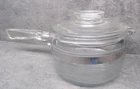 Vintage Pyrex Clear Glass Flameware Saucepan Pot Lid Handle Spout Qt. #6212B Used. Price: $32.00.