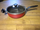 Large 11" X 3-1/2" T-fal Tfal Red Handle Pan With Clear Glass Vent Hole Lid Used. Price: $29.99.