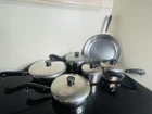 11 Piece Vintage Revere Ware Pots & Pans With Lids All Copper Bottom Used. Price: $169.00.