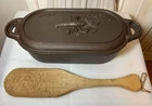 Cajun Glassic Cast Iron 8QT Oval Roaster Such Oven Pot W/lid & Wood Flat Spatula Used. Price: $559.00.