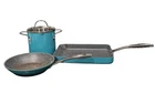 Curtis Stone Dura-pan 3 Piece Non-stick Pots And Pans Set Teal Used. Price: $49.99.